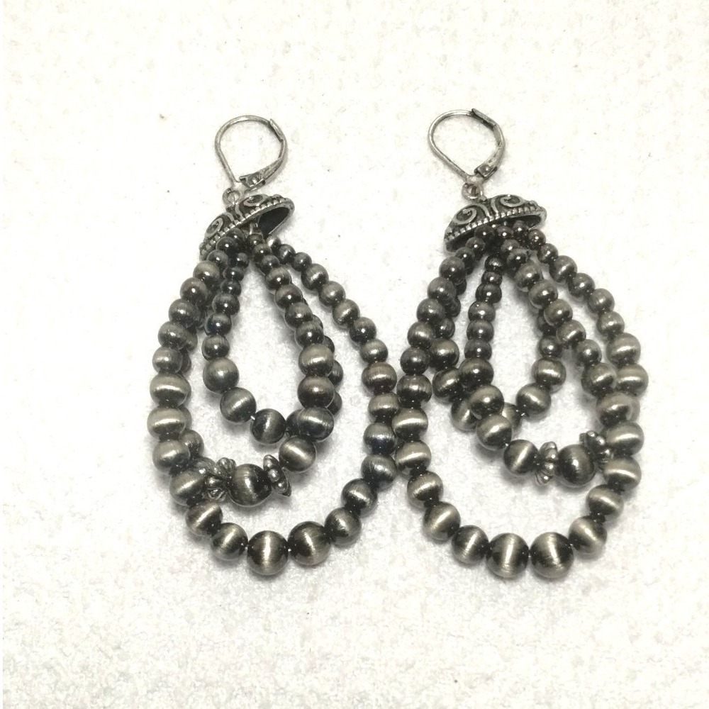Western Southwestern Silver Tone Triple Tiered Beaded Teardrop Leverback Boho